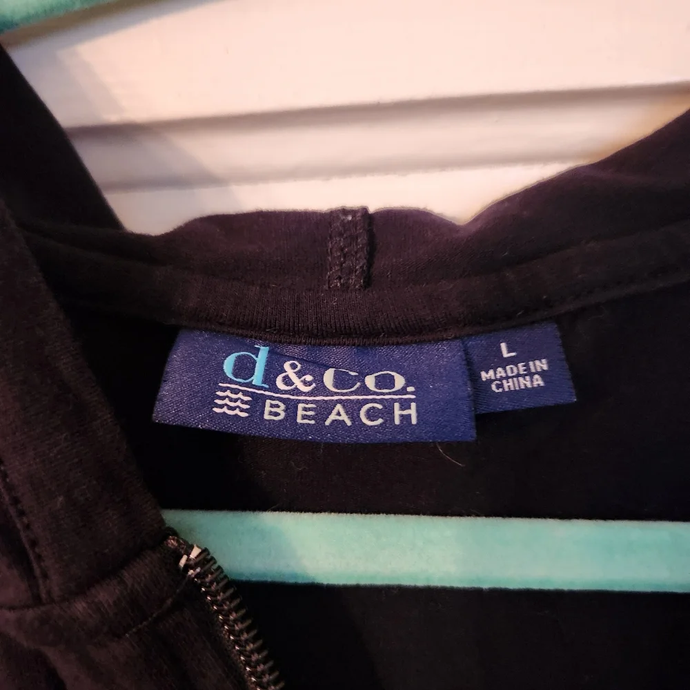 D&Co. Beach Black Zip Up Coverup, Tunic, Hoodie, Sz L, EUC Pockets Pool Summer